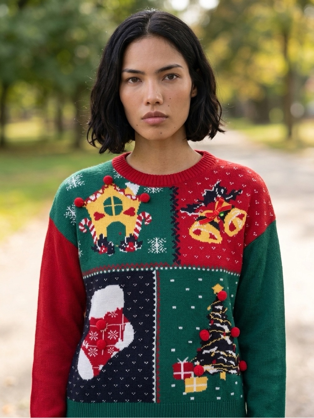 Christmas Patchwork Crewneck Sweater - Red & Green pit-pit 23.